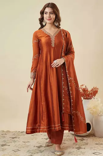 Orange vichitra silk sequin v-neck kurta set with embroidered vichitra silk dupatta
