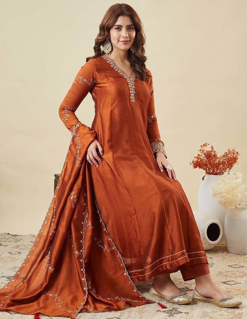 Orange vichitra silk sequin v-neck kurta set with embroidered vichitra silk dupatta