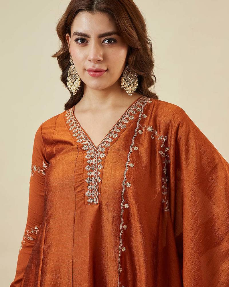 Orange vichitra silk sequin v-neck kurta set with embroidered vichitra silk dupatta