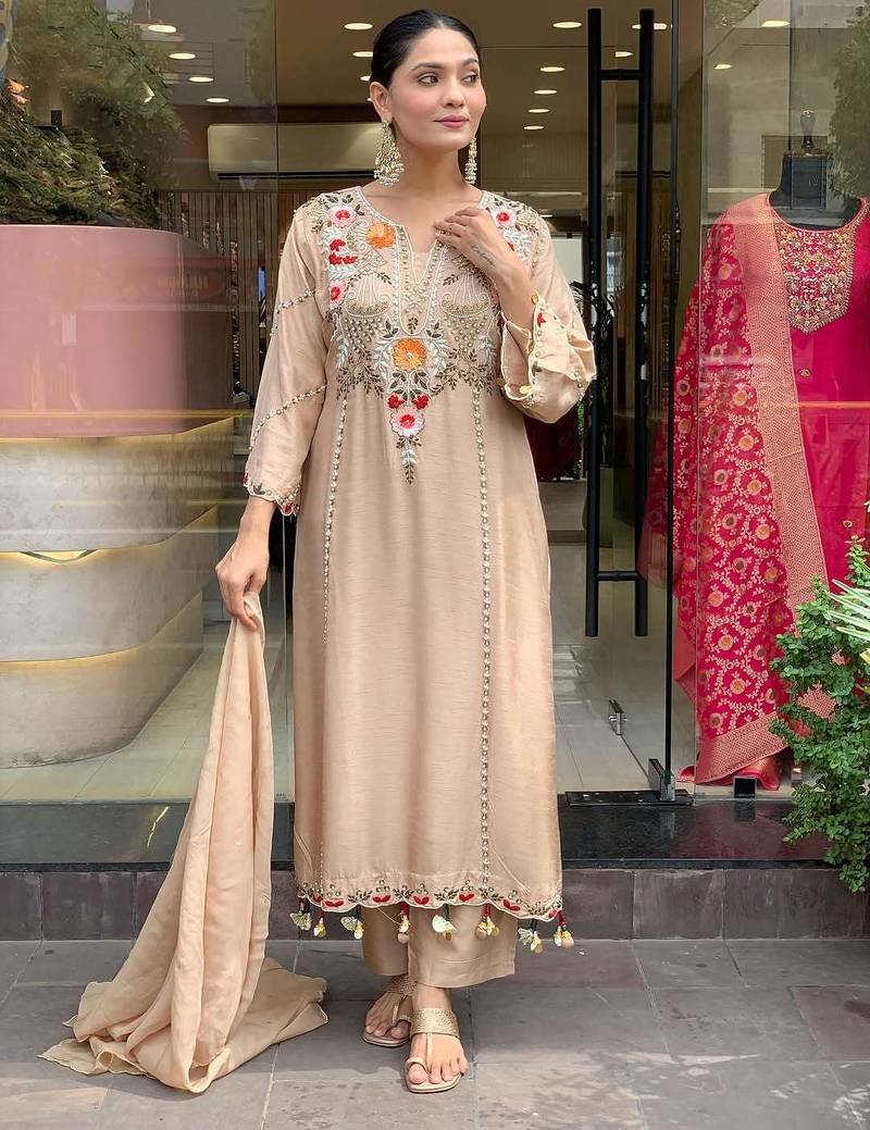 Women's chiku viscose chanderi sequin v-neck kurta set with embroidered silk dupatta