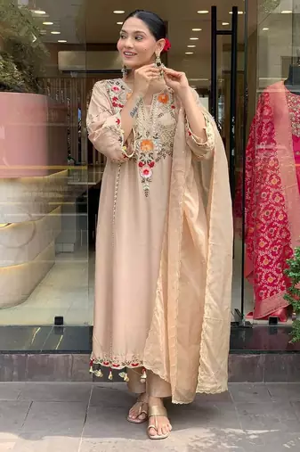 Women's chiku viscose chanderi sequin v-neck kurta set with embroidered silk dupatta