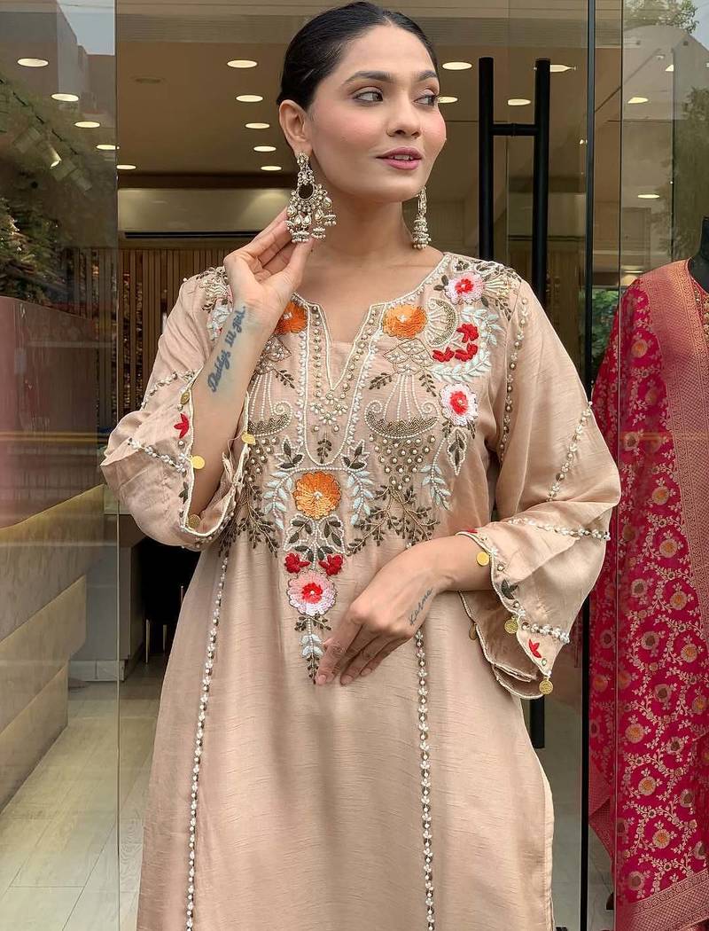 Women's chiku viscose chanderi sequin v-neck kurta set with embroidered silk dupatta