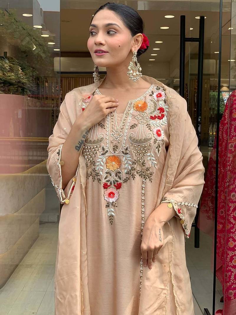 Women's chiku viscose chanderi sequin v-neck kurta set with embroidered silk dupatta