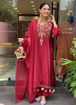 Women's red viscose chanderi sequin v-neck kurta set with embroidered silk dupatta 1
