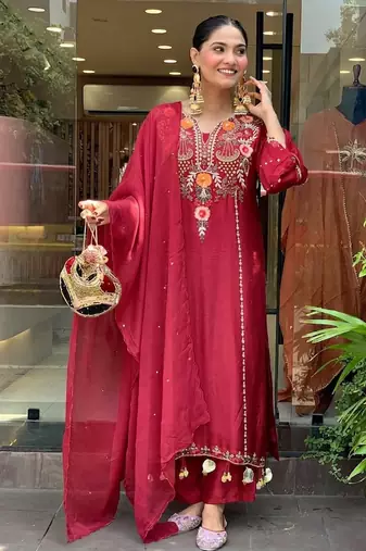 Women's red viscose chanderi sequin v-neck kurta set with embroidered silk dupatta