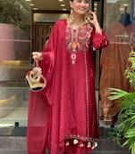 Women's red viscose chanderi sequin v-neck kurta set with embroidered silk dupatta