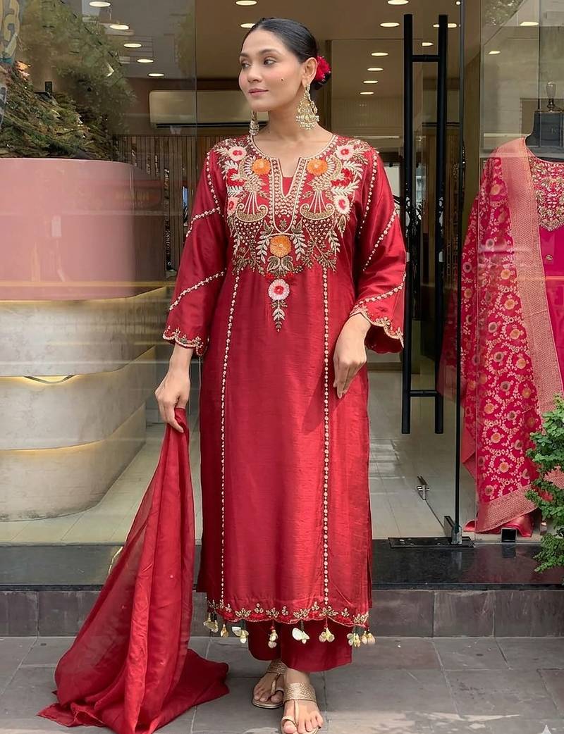 Women's red viscose chanderi sequin v-neck kurta set with embroidered silk dupatta