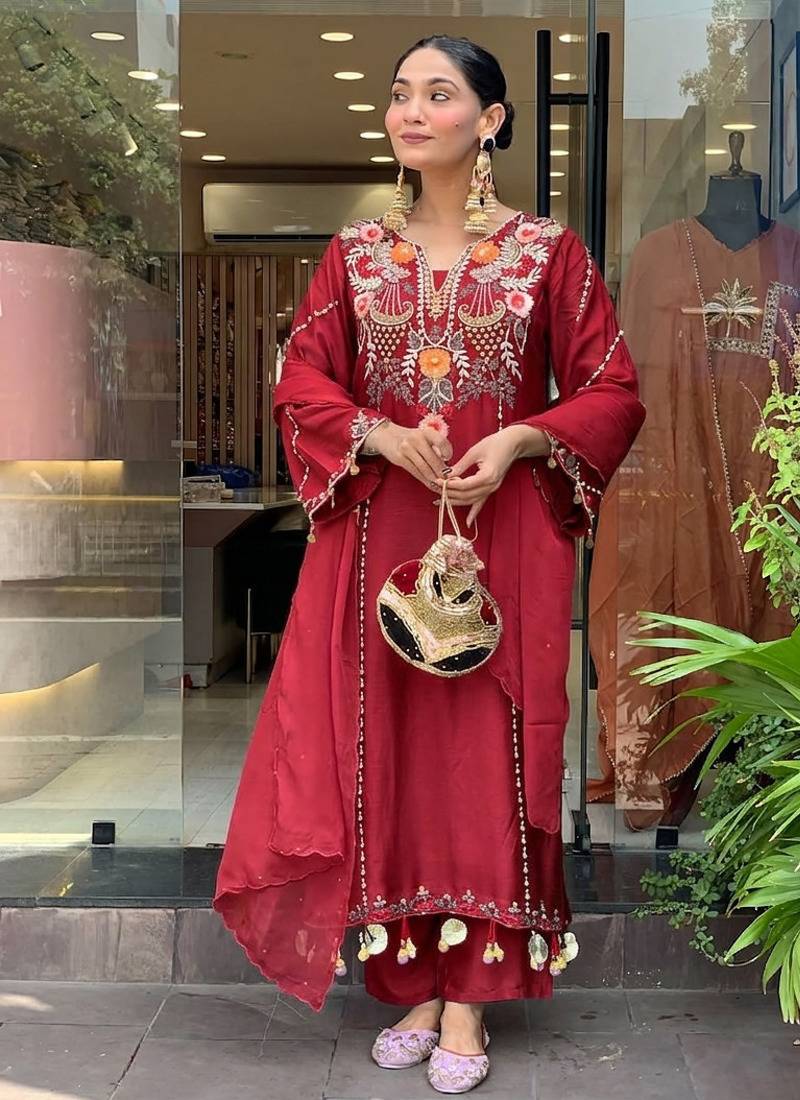 Women's red viscose chanderi sequin v-neck kurta set with embroidered silk dupatta