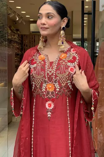 Women's red viscose chanderi sequin v-neck kurta set with embroidered silk dupatta