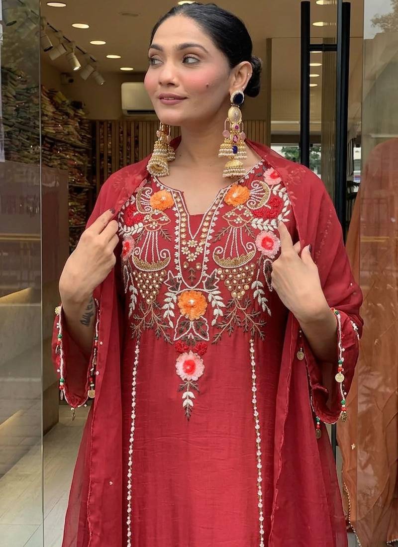 Women's red viscose chanderi sequin v-neck kurta set with embroidered silk dupatta