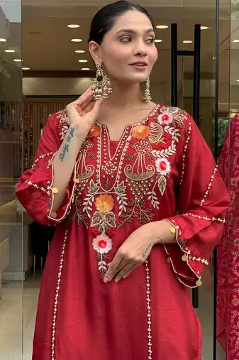 Women's red viscose chanderi sequin v-neck kurta set with embroidered silk dupatta