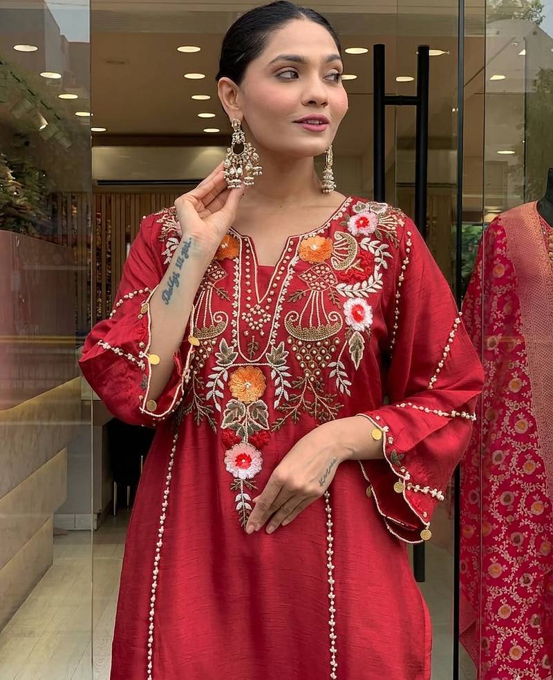Women's red viscose chanderi sequin v-neck kurta set with embroidered silk dupatta