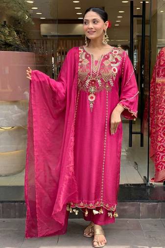 Women's pink viscose chanderi sequin v-neck kurta set with embroidered silk dupatta