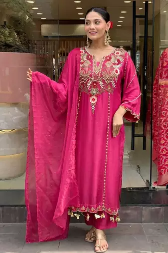 Women's pink viscose chanderi sequin v-neck kurta set with embroidered silk dupatta