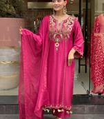 Women's pink viscose chanderi sequin v-neck kurta set with embroidered silk dupatta