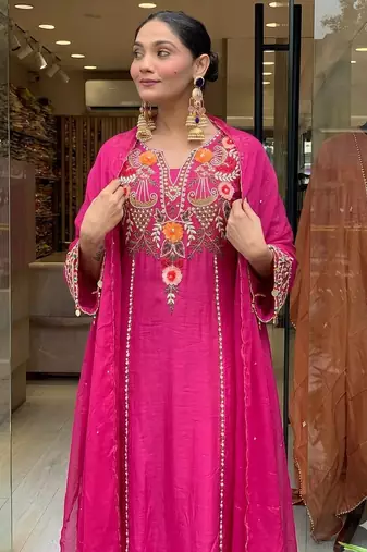 Women's pink viscose chanderi sequin v-neck kurta set with embroidered silk dupatta