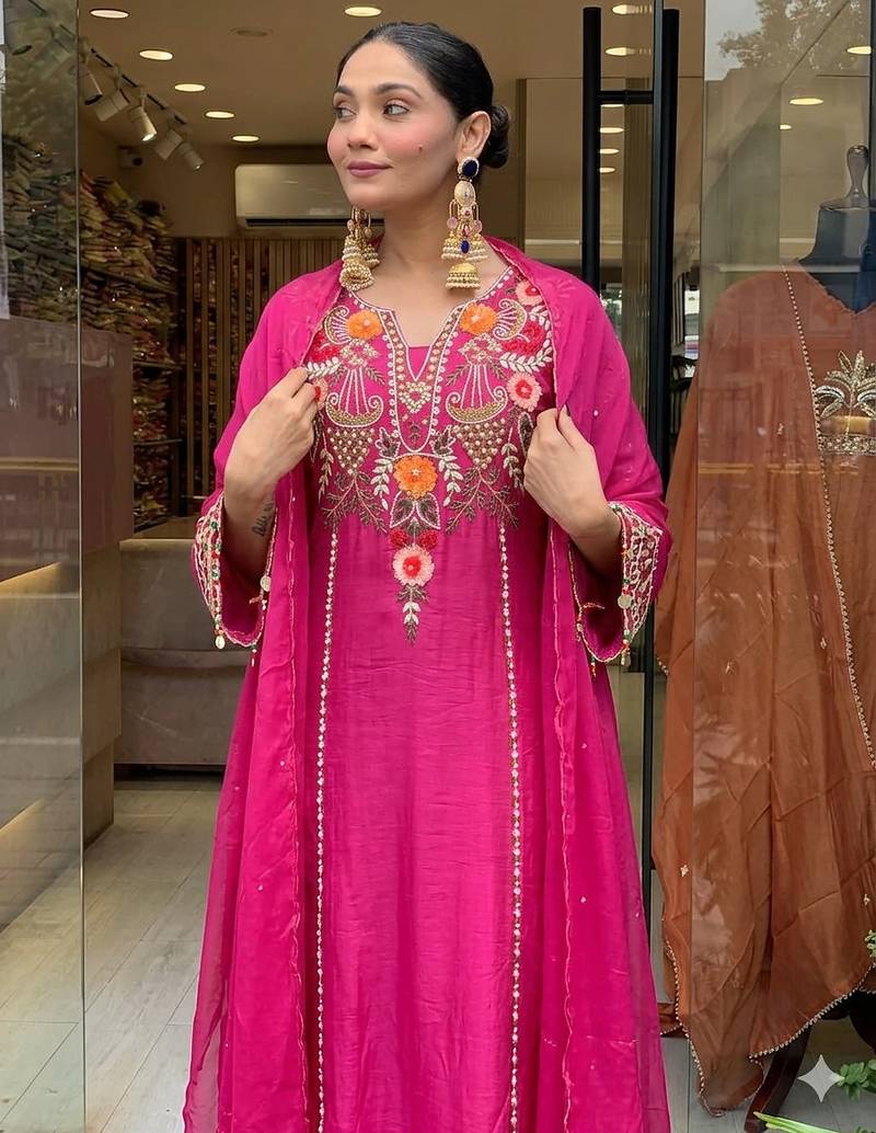 Women's pink viscose chanderi sequin v-neck kurta set with embroidered silk dupatta