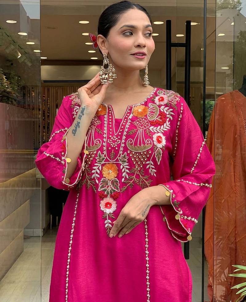 Women's pink viscose chanderi sequin v-neck kurta set with embroidered silk dupatta