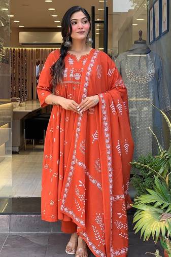 Women's orange cotton printed v-neck kurta set with printed dupatta | ethnic salwar kameez