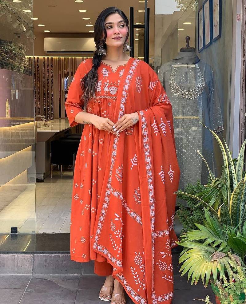 Women's orange cotton printed v-neck kurta set with printed dupatta | ethnic salwar kameez