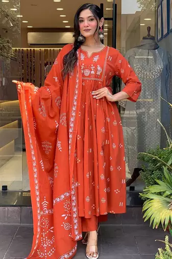 Women's orange cotton printed v-neck kurta set with printed dupatta | ethnic salwar kameez