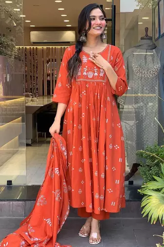 Women's orange cotton printed v-neck kurta set with printed dupatta | ethnic salwar kameez