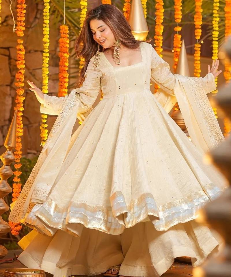 Cream chinon sequin embroidery kurta palazzo set with embroidered silk dupatta