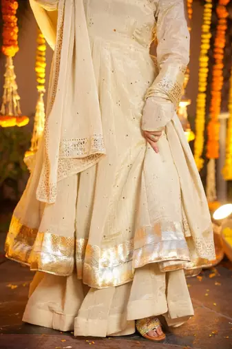 Cream chinon sequin embroidery kurta palazzo set with embroidered silk dupatta