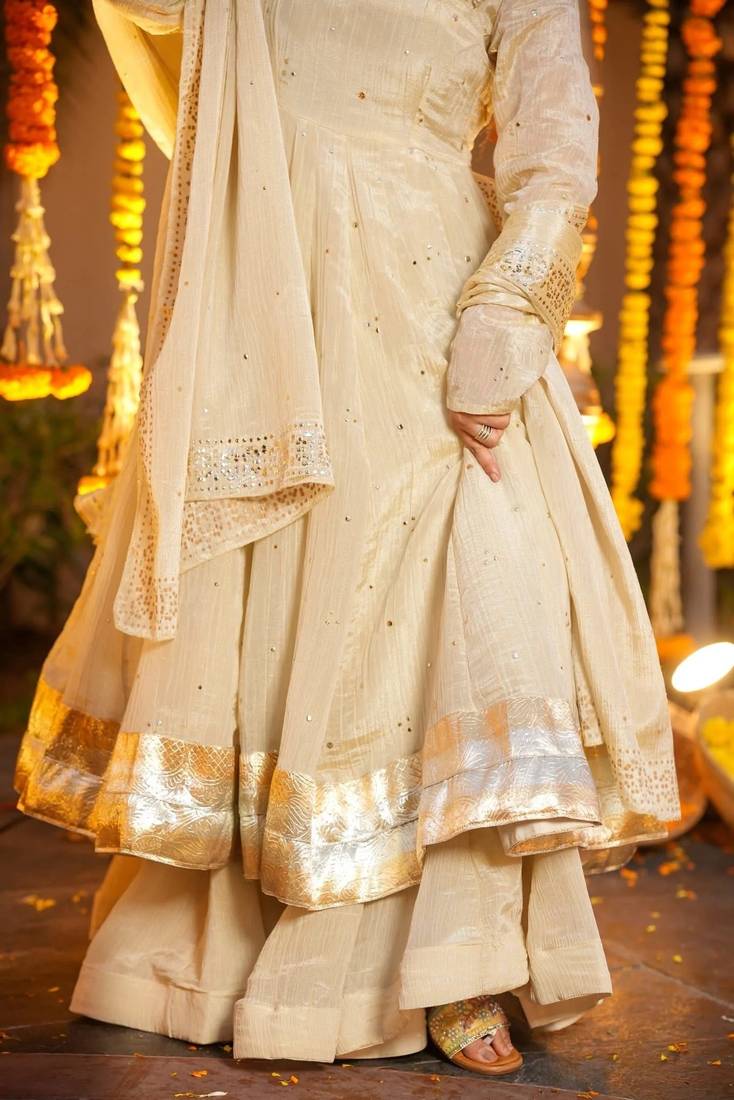 Cream chinon sequin embroidery kurta palazzo set with embroidered silk dupatta