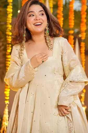 Cream chinon sequin embroidery kurta palazzo set with embroidered silk dupatta
