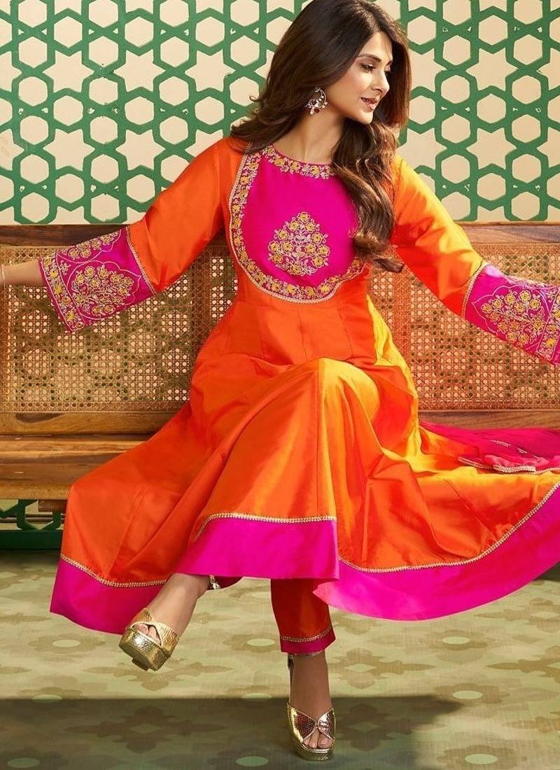 Orange chanderi cotton sequin kurta pant set with embroidered silk dupatta