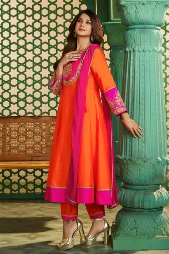 Orange chanderi cotton sequin kurta pant set with embroidered silk dupatta