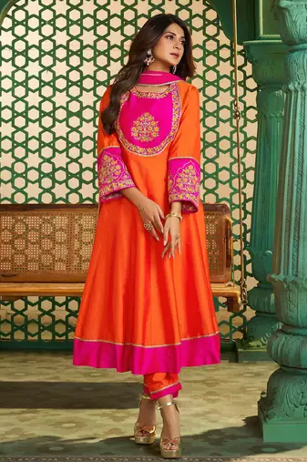 Orange chanderi cotton sequin kurta pant set with embroidered silk dupatta