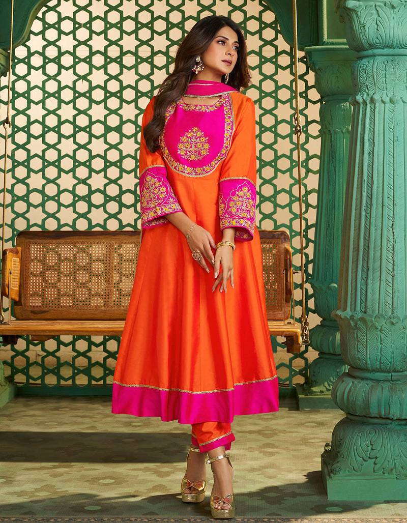 Orange chanderi cotton sequin kurta pant set with embroidered silk dupatta