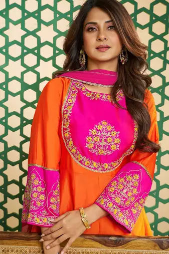 Orange chanderi cotton sequin kurta pant set with embroidered silk dupatta