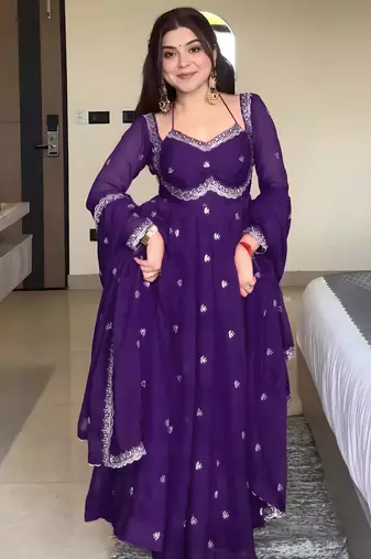 Purple georgette sequin embroidery kurta pant set with embroidered georgette dupatta