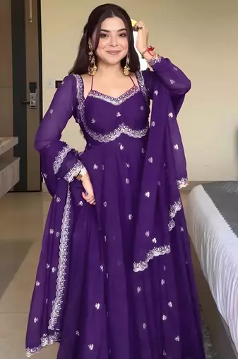 Purple georgette sequin embroidery kurta pant set with embroidered georgette dupatta