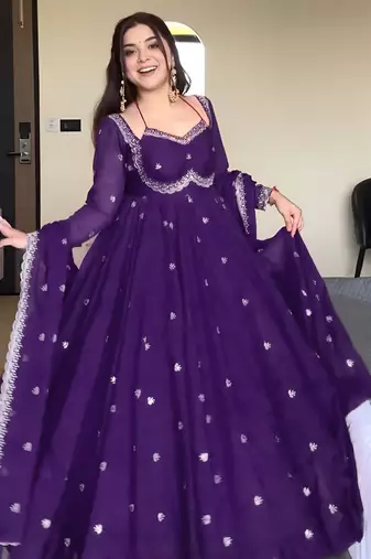 Purple georgette sequin embroidery kurta pant set with embroidered georgette dupatta