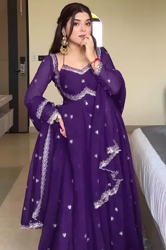 Purple georgette sequin embroidery kurta pant set with embroidered georgette dupatta