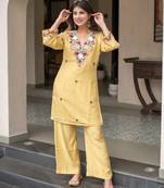 Yellow french crepe sequin embroidery v-neck kurta pant set