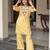 Yellow french crepe sequin embroidery v-neck kurta pant set