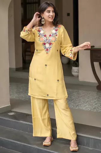 Yellow french crepe sequin embroidery v-neck kurta pant set