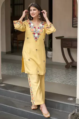 Yellow french crepe sequin embroidery v-neck kurta pant set
