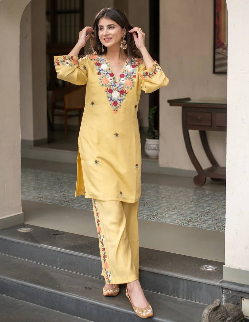 Yellow french crepe sequin embroidery v-neck kurta pant set