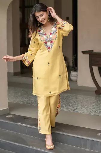 Yellow french crepe sequin embroidery v-neck kurta pant set