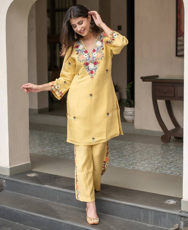 Yellow french crepe sequin embroidery v-neck kurta pant set