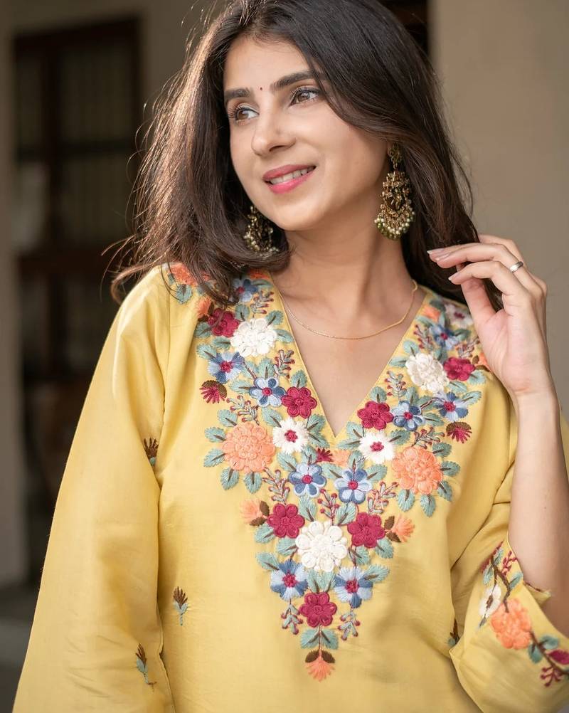 Yellow french crepe sequin embroidery v-neck kurta pant set