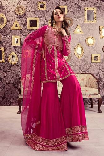 Pink chanderi silk sequin kurta palazzo set with embroidered net dupatta