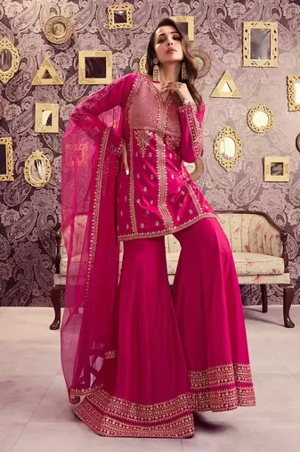 Pink chanderi silk sequin kurta palazzo set with embroidered net dupatta