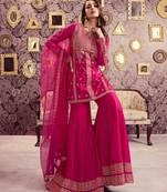 Pink chanderi silk sequin kurta palazzo set with embroidered net dupatta